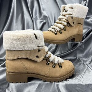 Pop Women's Boots Sz 9.5 Kraft Faux Fur Tan Kraft Hiking Block Heel Lace Up Soft